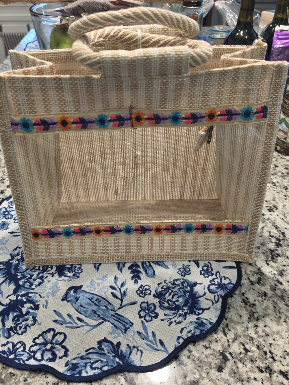 Beige Woven Tote Bag with Multicolor Floral Trim